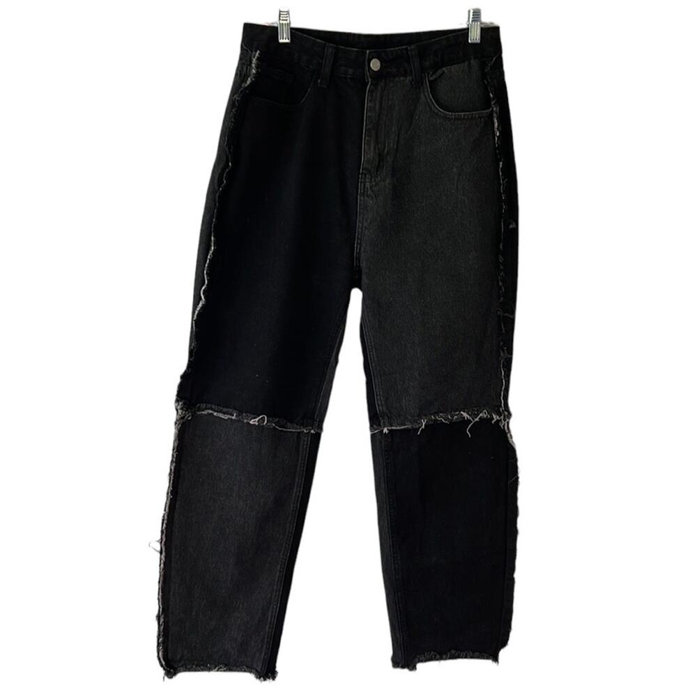 Shein 2 Tone Patch Distressed Black & Dark Denim Ultra High Rise Jeans